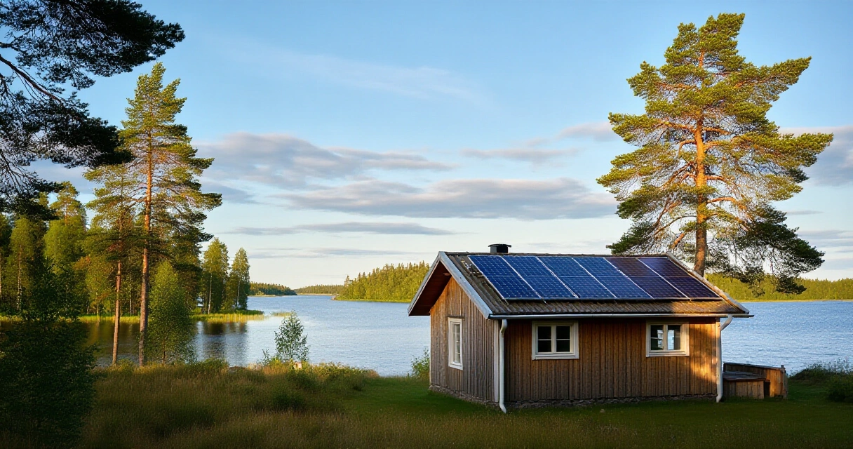 Aurinkopaneelit asennettuna suomalaisen kesämökin puiselle katoille järven rannalla