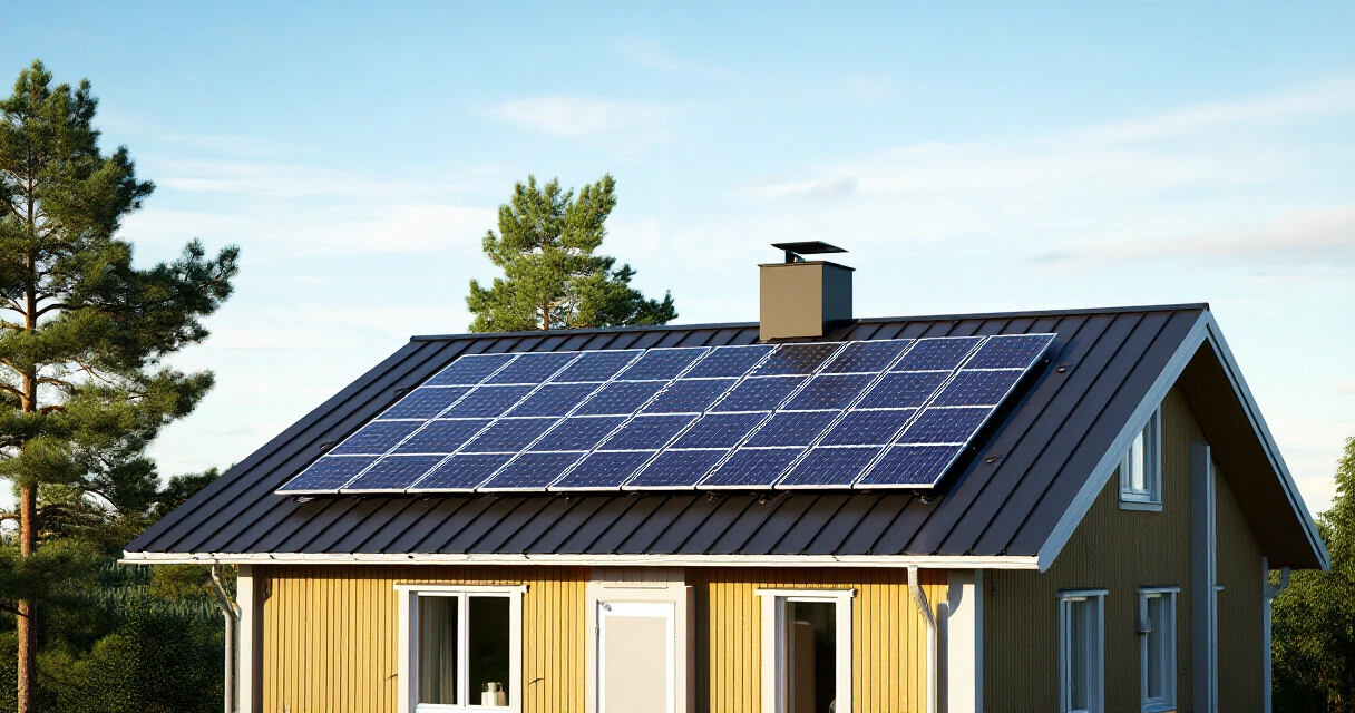 Pienen pientalon katolle asennetut aurinkopaneelit kesäisessä auringonpaisteessa