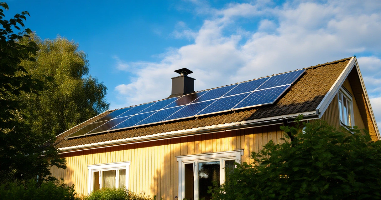 Aurinkopaneelit asennettuna omakotitalon harjakatolle aurinkoisena kesäpäivänä