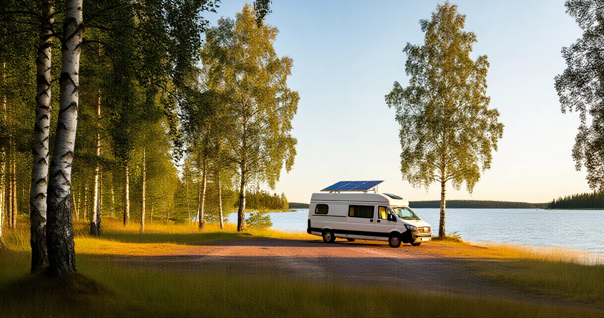 Asuntoauto järven rannalla aurinkopaneeli katolla Suomen kesässä