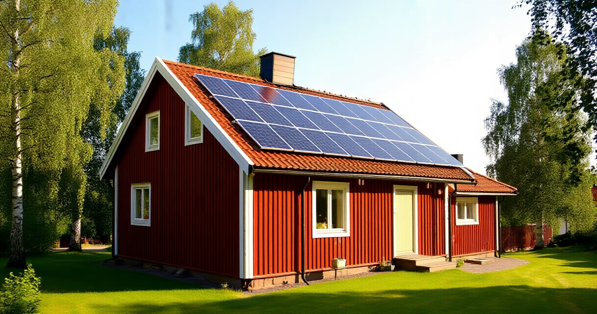 Aurinkopaneelit omakotitalon katolla Suomessa kesäpäivänä