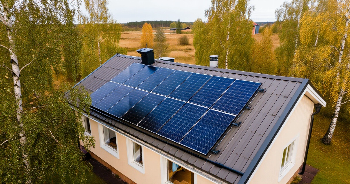 Aurinkopaneelit asennettuna suomalaisen omakotitalon peltikatolle syksyllä