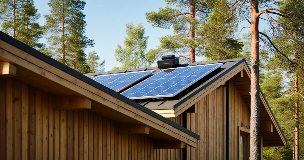 Pieni 30W aurinkopaneeli mökin katolla suomalaisessa metsässä kesäauringossa